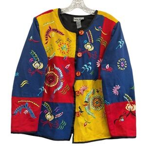 Indigo Moon‎ Women's Patchwork Embroidered Jacket Colorblock Button Front Size L